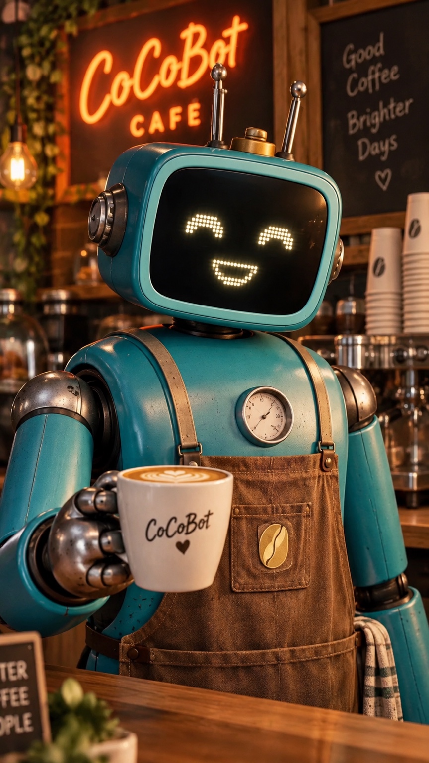 CoCoBot serving coffee behind the counter