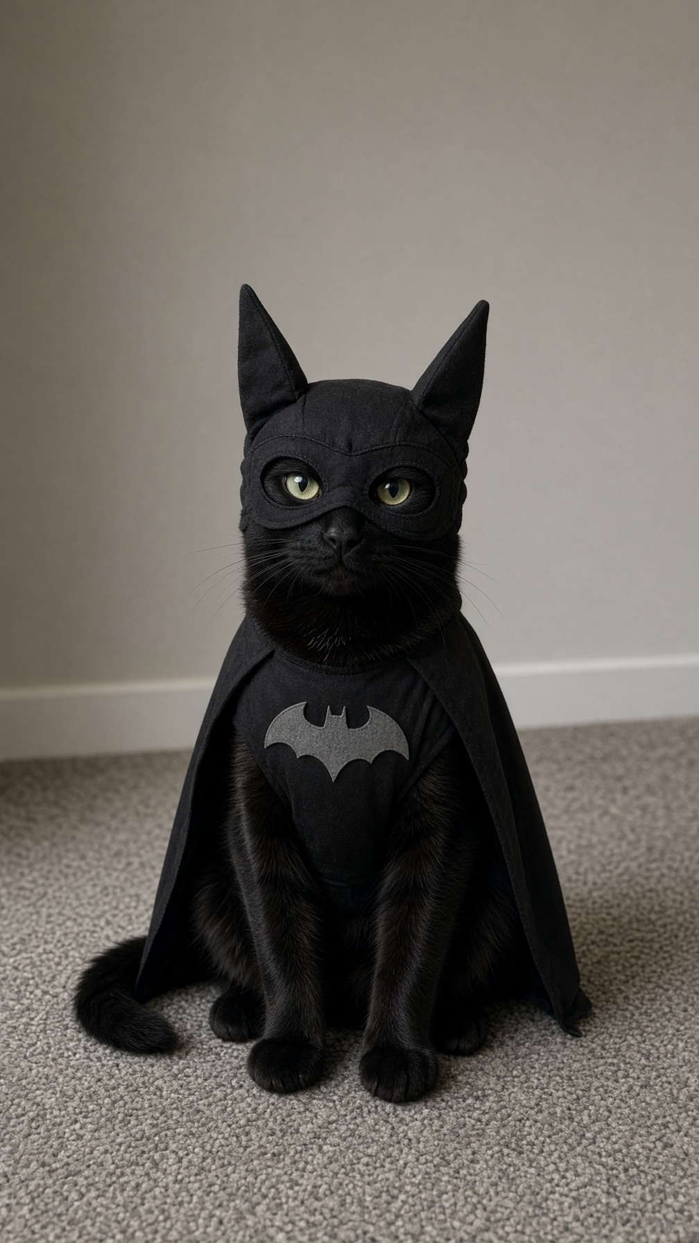 Hexy Baby, an ordinary black cat wearing a Batman costume