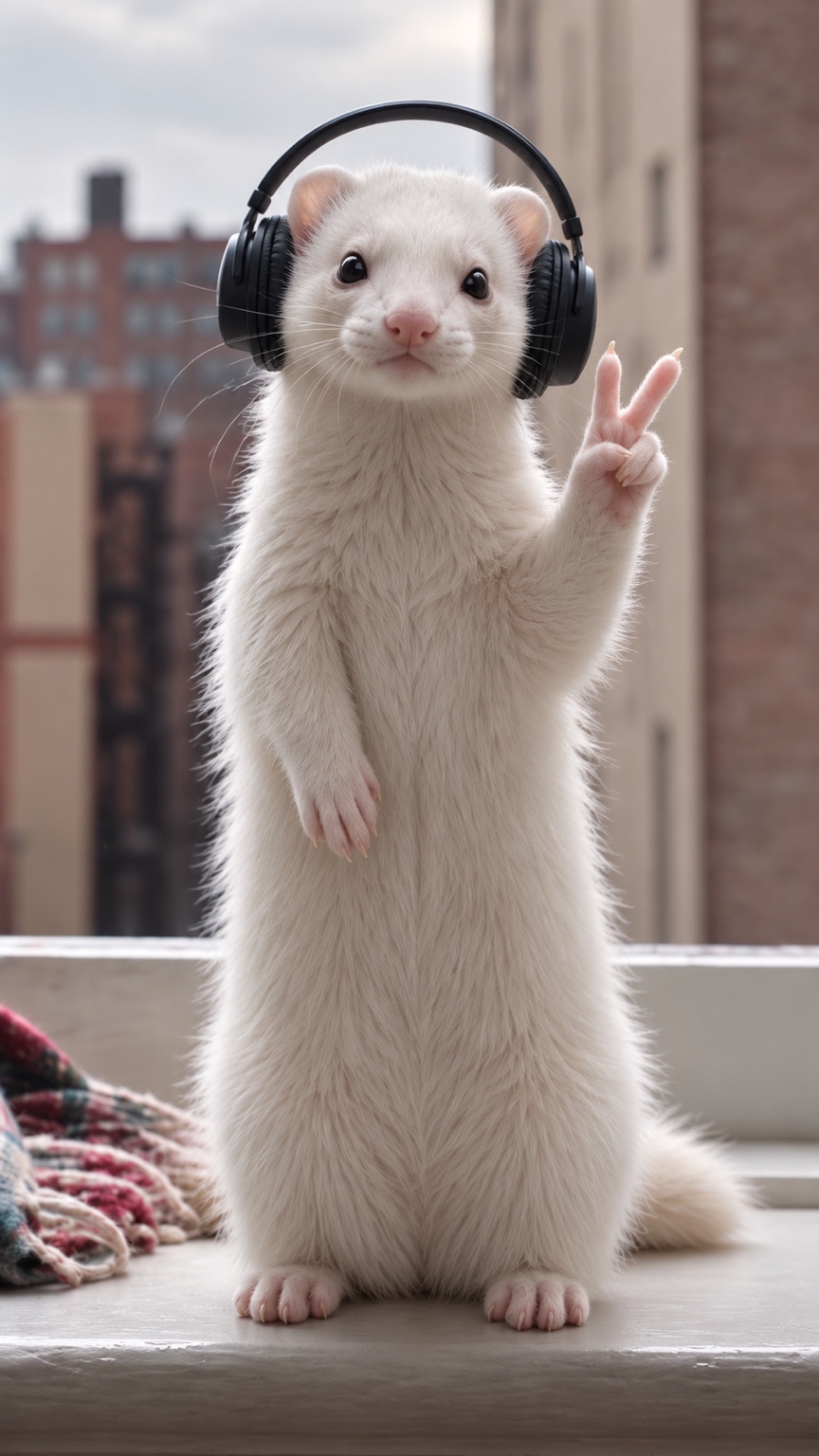 Meeks the white ferret wearing headphones and making a peace sign