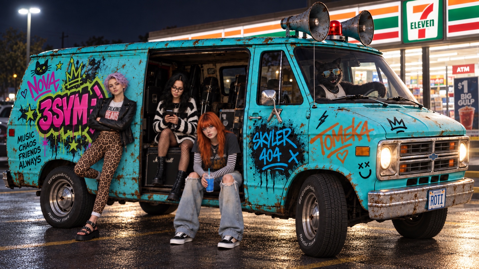 Nova, Skyler and Tomeka hanging out beside Roti at a 7-Eleven at night, with Hexy at the wheel